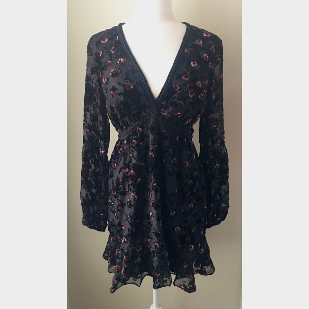 Wayf Braiden Mini Black Embroidered Floral Dress